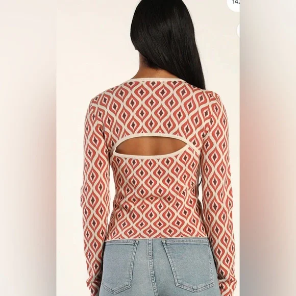 Lulu's Promising Style Taupe Multi Geo Print Cutout Sweater Top Large - Picture 3 of 14